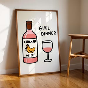Meisje diner kip wijn poster - rozenwijn print - wijnfles kunst aan de muur - bar wagen - keuken poster - muur decor huis - wijnliefhebbers cadeau