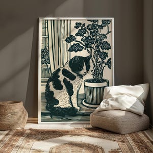 Lino Cat Print: Quirky Black and White Cat with Plant Poster
