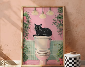 Black Cat on Toilet Print: Quirky Bathroom Wall Art