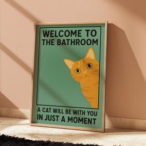 Funny Orange Cat Bathroom Print: Vintage Style Feline Wall Art