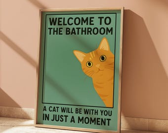 Funny Orange Cat Bathroom Print: Vintage Style Feline Wall Art