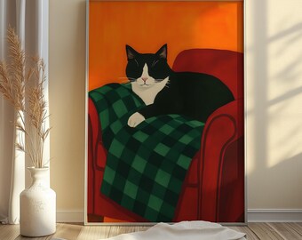 Tuxedo Cat Kunstdruck: Katze auf rotem Sofa