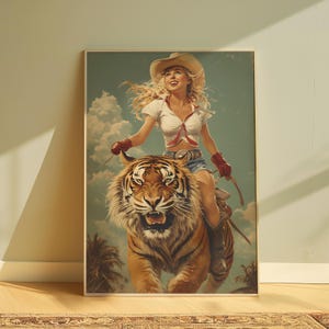 Stampa vintage di cowgirl che cavalca una tigre - Decorazione da cowgirl - Arte murale funky - Arte retrò da cowboy - Poster con estetica americana rustica - Arte da guardaroba