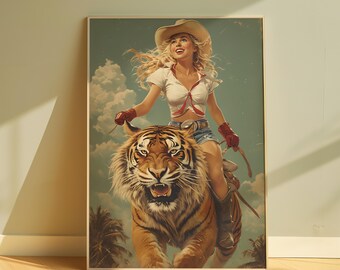 Vintage Cowgirl Riding Tiger Art Print - Americana Wall Decor