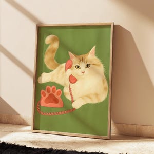 Póster de gato al teléfono - Decoración humorística - Póster de animales divertidos - Impresión artística retro moderna - Regalos con temática de gatos - Arte mural de galería - Amante de los gatos