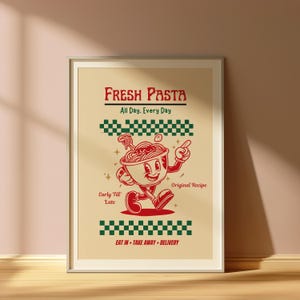 Plakat Retro Fresh Pasta - Vintage Pasta Art Print - Fantazyjna sztuka kulinarna - Prezent dla smakoszy - Retro Cartoon Art dla miłośników makaronu - Wydruk makaronu