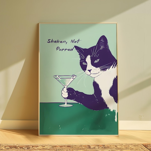 Pôster de Martini Tuxedo Cat: Arte de parede para coquetel de cozinha engraçada