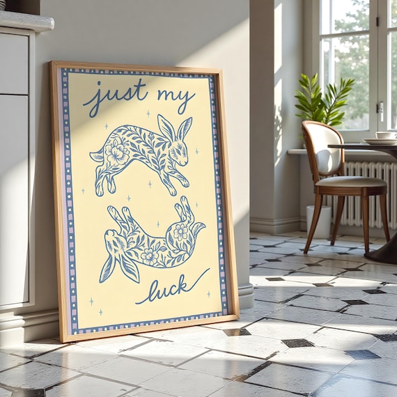 Lucky Bunnies Art Print: Chinoiserie Rabbit Illustration, Retro Kitchen Decor