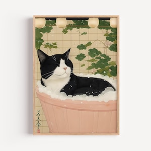 Tuxedo Cat in the Bathtub Poster - Japanese Animal Art - Toilet Wall Art - Cats Bathroom Print - Japan Art - Neutral Minimalist Decor - Bath