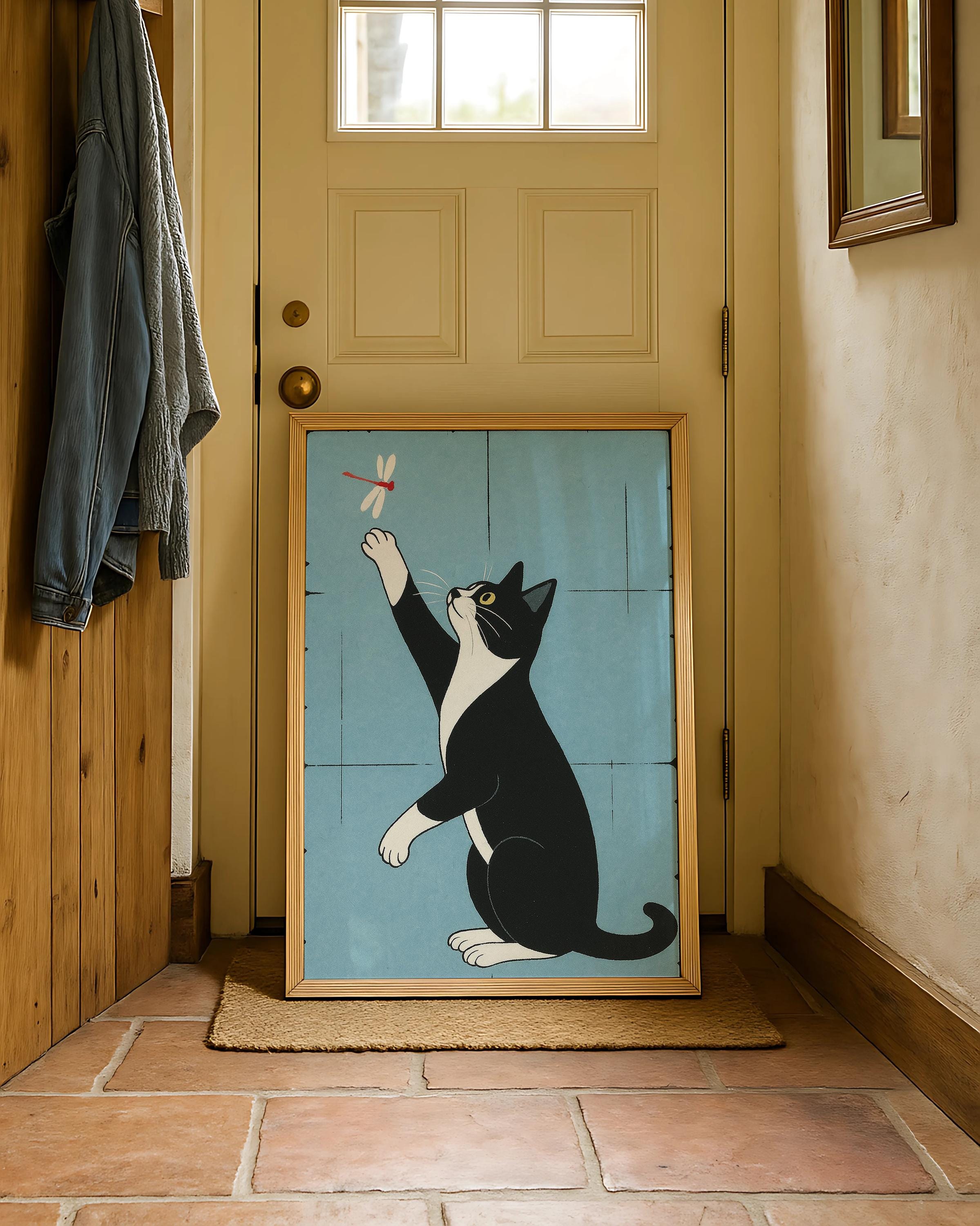 Japanese Tuxedo Cat Poster - Vintage Dragonfly Print - Japandi Cat
