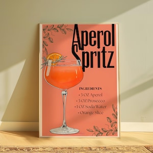 Plakat Aperol Spritz - wydruk koktajlowy - dekoracja ścienna - podpis weselny - dekoracja ścienna do kuchni - składniki koktajlowe - sztuka wózka barowego