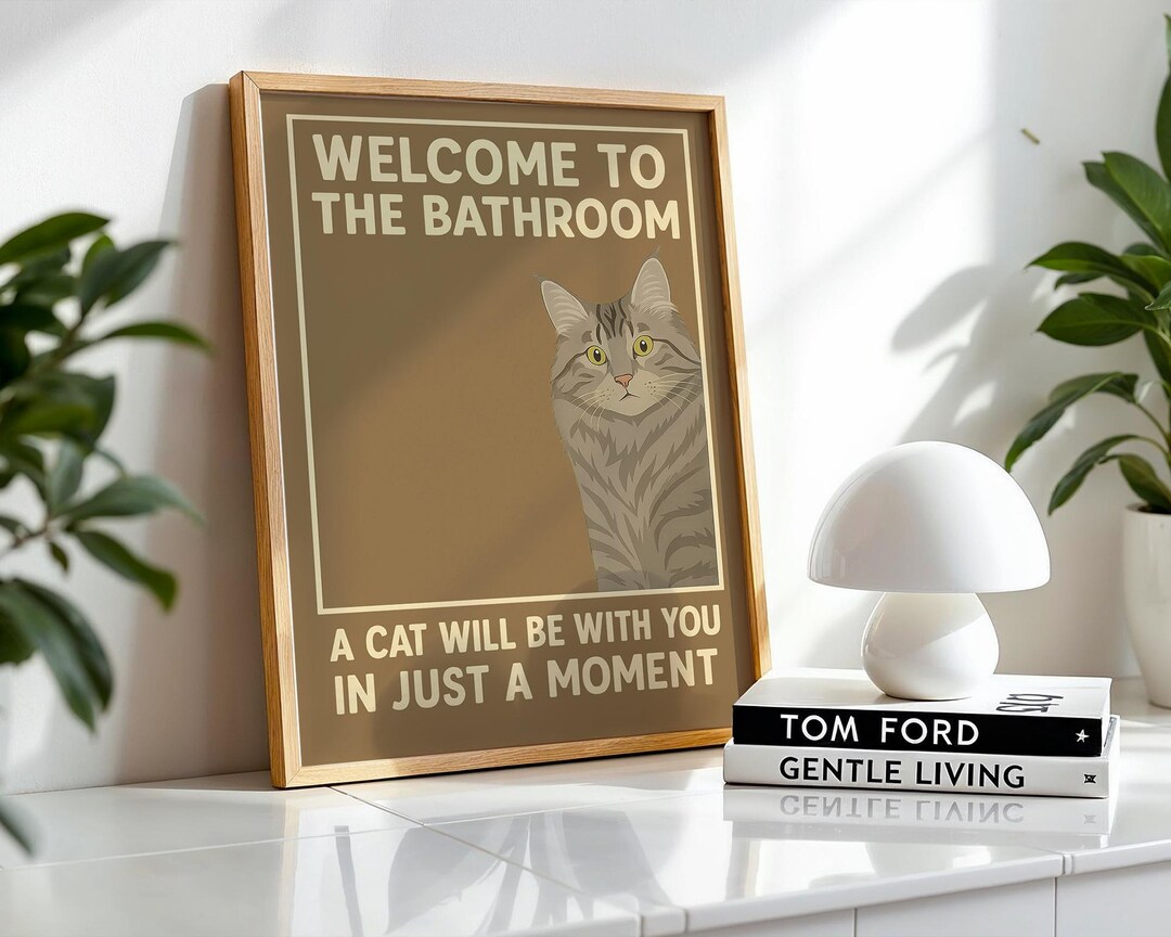 Funny Tabby Cat Bathroom Print: Quirky Vintage Style Wall Art - Etsy