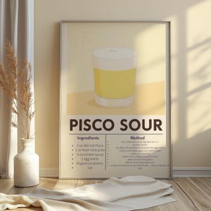 Wydruk Pisco Sour - Dekoracja wózka barowego - Znak drinka z podpisem weselnym - Wydruk składników koktajlowych - Piwniczka z winami - Sztuka ścienna do koktajli w kuchni