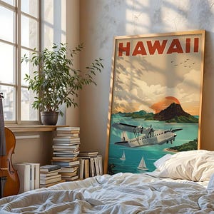 Hawaii Travel Poster - Hawaiian Print - Kitchen Windowsill - Tiny House Decor - Art Prints of Hawaii - Plane Hawaii Sign - Retro Wall Art
