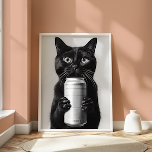 ビールを持った黒猫のポスター - バーカートの装飾 - 面白い動物のポスター - パブアート - ファンキーなウォールアート - 猫をテーマにしたギフト - ギャラリーウォールアート