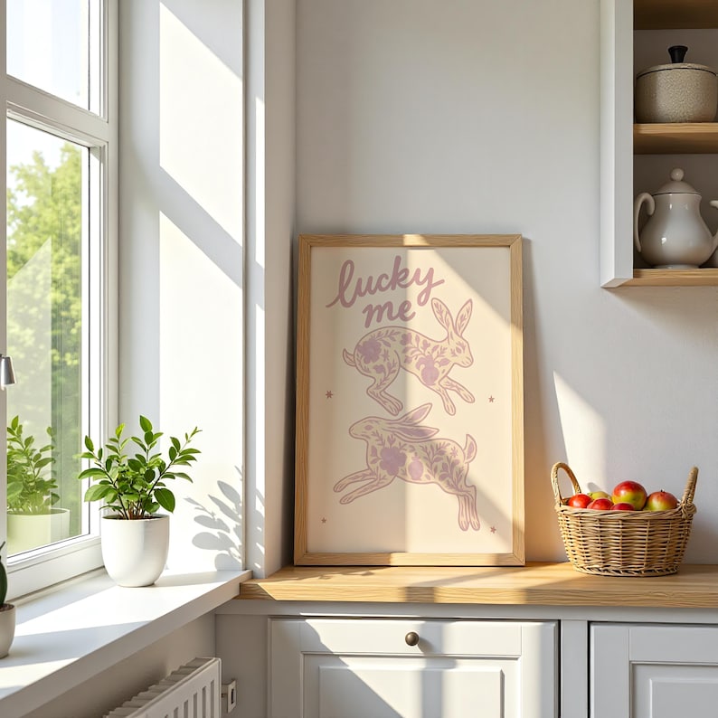 May include: A framed print featuring two pink rabbits with floral patterns, and the words "lucky me" in cursive. The artwork is set against a cream background and framed in light wood. The print is displayed on a wooden countertop in a kitchen setting.