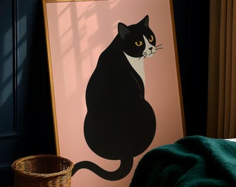Tuxedo Cat Art Print - Animal Wall Art - Bathroom Decor - Pink Animal Living Room Wall Art - Minimalist Cat Poster - Gallery Wall Decor