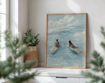 Couple Surfing Poster: Coastal Beach Wall Art
