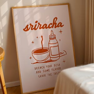 Impressão de garrafa de Sriracha - Impressão de molho picante - Arte de parede picante - Presente com tema de Sriracha - Peitoril de janela de cozinha - Decoração de parede com pimenta - Pimenta