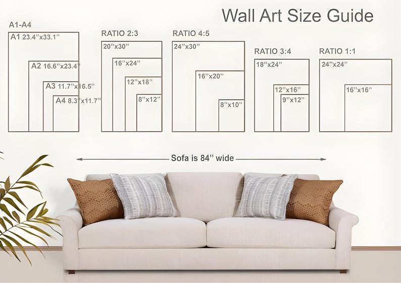 May include: Wall Art Size Guide showing print sizes in inches, including 20"x30", 24"x30", and 16"x24". A sofa, 213 cm wide, is shown below the guide, with decorative pillows.