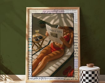 Typography La Dolce Vita Print - Vintage Poster - Old Money Aesthetic - Retro Beach Art - Vogue Decor - Woman In Bikini - 1960's Wall Art