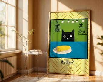 May include: A black cat with green eyes looks at a plate of corn on the cob with the text "Butter?" on a yellow and green background.