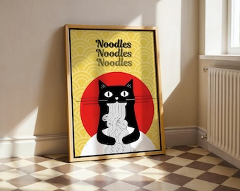Japanese Cat Ramen Noodles Print: Retro Kitchen Wall Art