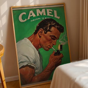 Manifesto pubblicitario vintage delle sigarette Camel - Piacere di bruciare - Stampe retrò vintage - Decorazione da parete per ingresso - Poster per fumatori - Arte per guardaroba