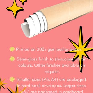 May include: A rolled poster in a cardboard tube, with text indicating it's printed on 200+ gsm paper with a semi-gloss finish. Smaller sizes are packaged in envelopes, larger sizes in tubes. The background is pink with yellow starburst graphics.