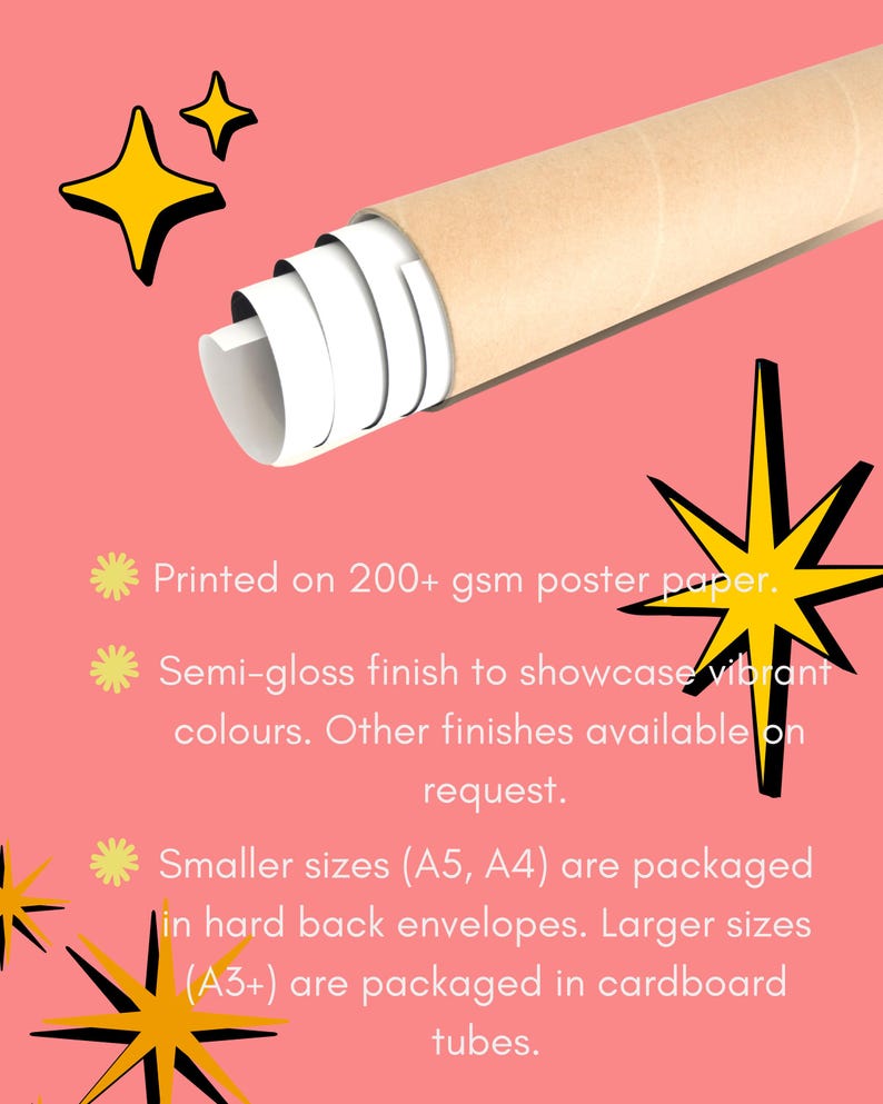 May include: A rolled poster in a cardboard tube, with text indicating it's printed on 200+ gsm paper with a semi-gloss finish. Smaller sizes are packaged in envelopes, larger sizes in tubes. The background is pink with yellow starburst graphics.