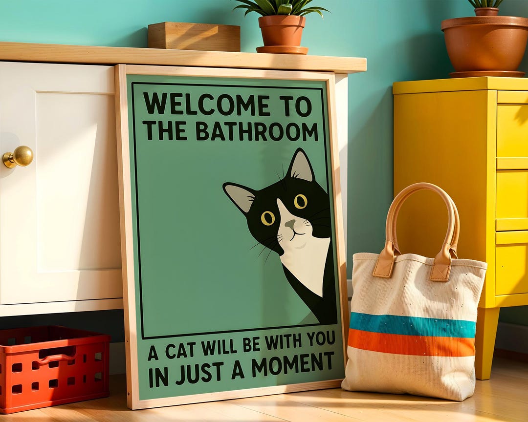 Funny Tuxedo Cat Bathroom Print: Quirky Vintage Style Wall Art - Etsy