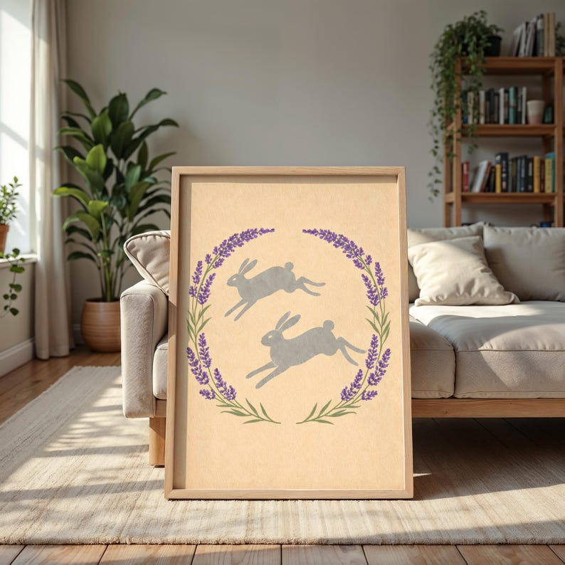 May include: Framed print with two grey hares leaping inside a lavender and green wreath. The artwork is set against a beige background, with a natural wood frame. The print is displayed in a living room setting.