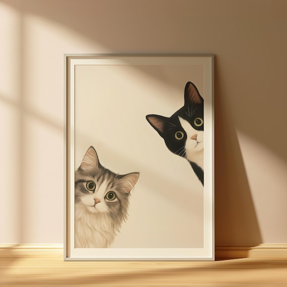 Funny Bathroom Cat Print: Two Peeking Cats Poster - Etsy