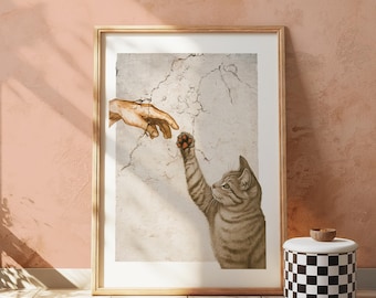 Póster renacentista de gato atigrado: divertida impresión artística con parodia de Miguel Ángel