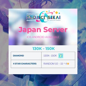 以下が含まれることがあります： プロジェクトセカイのプロモーション用グラフィックで、ピンク色の「Japan Server」というテキストが表示されています。画像にはゲームのロゴと、130K～150K個のダイヤモンドや10～15人の4つ星キャラクターなどのゲーム内アイテムの詳細が含まれています。