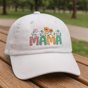 Floral Embroidered Mama Hat – Custom MAMA Baseball Cap, Flower Wash Cap, Mom Gift, Mother&#39;s Day Hat, Mom Life Cap, Embroidery Gift for Her