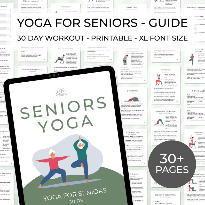 Digital yoga guide (PDF book) for seniors, elderly and older adults with 30 Day Workout Yoga Challenge - printable home poses