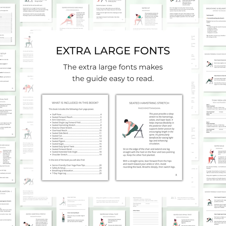Printable chair yoga book with illustrated poses and tips