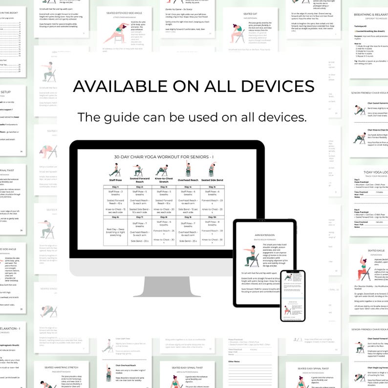 Seated yoga for seniors – safe home exercise chart - available on all devices