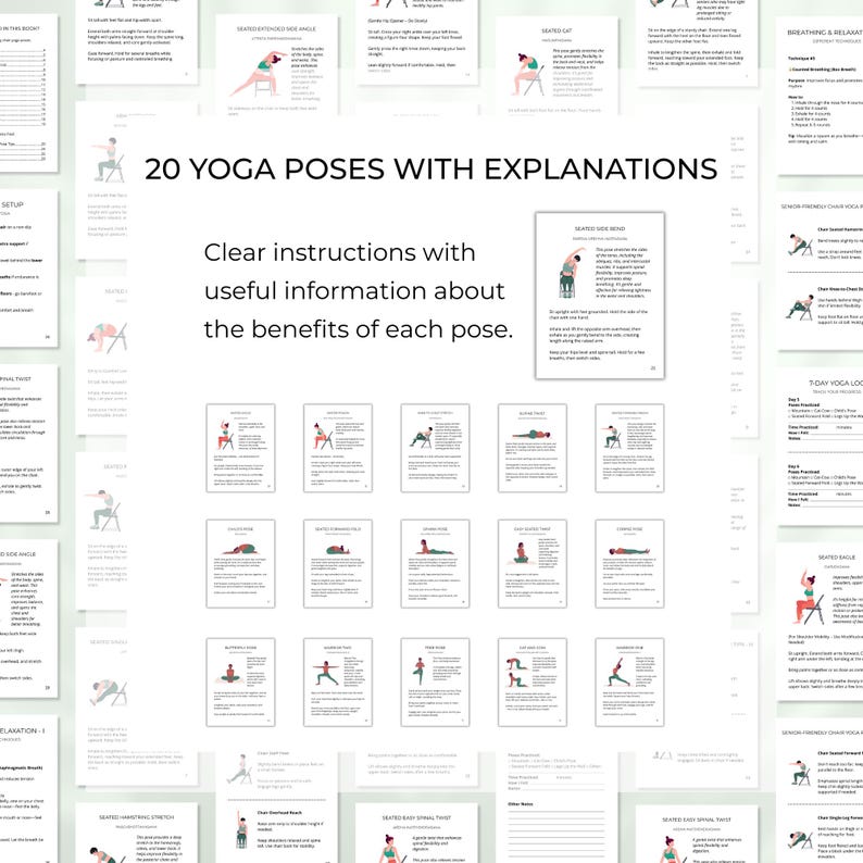 20 yoga poses for seniors with information about benefits and very clear instructions for each pose