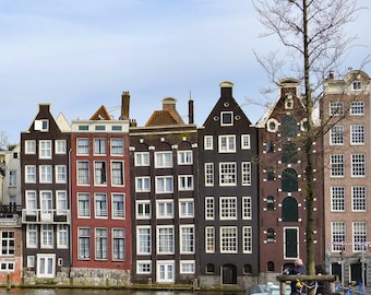 May include: A row of historic buildings with gabled roofs and multiple windows line a canal. The buildings are painted in various colors, including red, brown, and black. A bare tree stands in front of the buildings, and bicycles are parked nearby.
