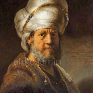 May include: A portrait of a man wearing a white turban with a gold band and a dark robe. The man has a gray beard and a serious expression. The painting has a warm, brown color palette.