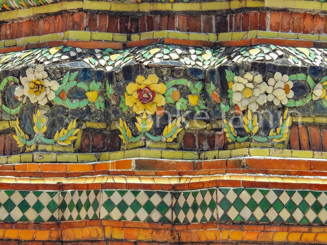 Detail of Intricate Tile Work in Temple Complex in Bangkok (digital ...