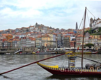 Porto Cityscape Art Print, Colorful Ribeira District with Rabelo Boats (Digital Download)