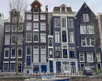 Konsttryck med Amsterdams kanalhus, holländsk stadslandskapsdekor (digitgl-nedladdning)