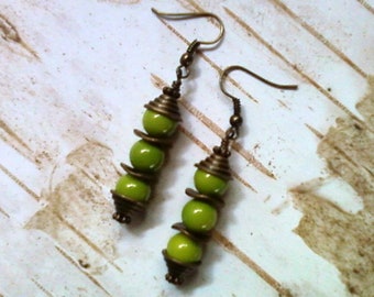 Lime Green and Brass Boho Earrings (4967)