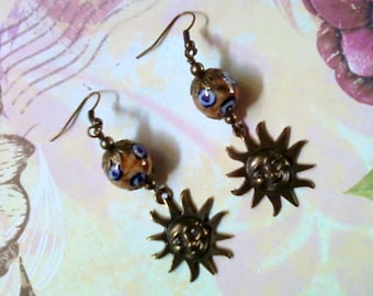 Brown, Blue and Bronze Ethnic Sun Earrings (1735)