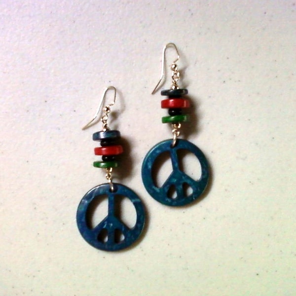 Dark Teal Blue, Green and Red Peace Earrings (1309)