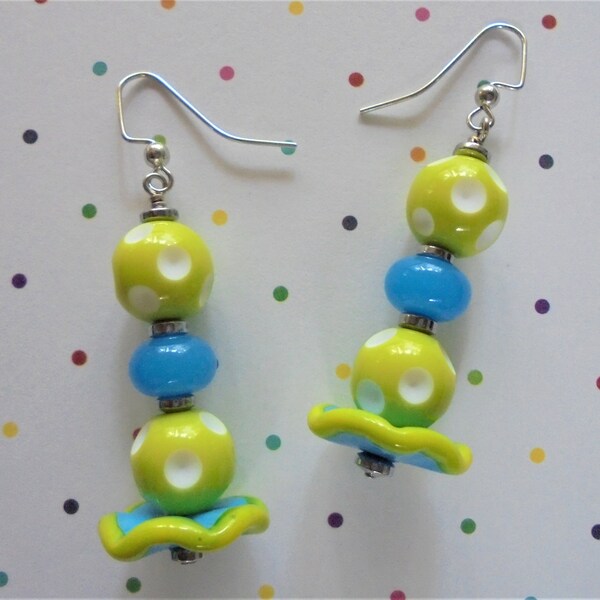 Lime Green and Aqua Blue Boho Earrings (5811)