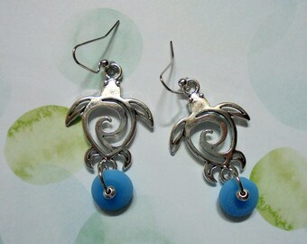 Aqua Blue and Silver Sea Turtle Earrings (3829)